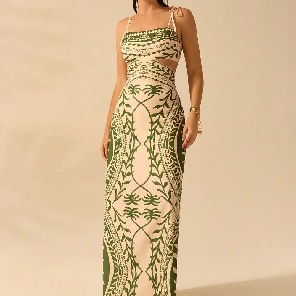 Green Boho Women's Coconut Print Hollow Waist Back Binding Sleeveless Dress